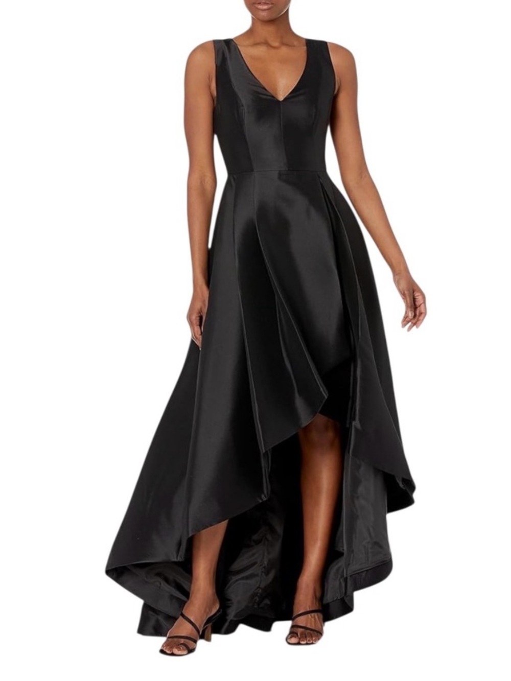EUC Calvin Klein Black Satin High-Low V-Neck Evening Dress sz 10 back zipper